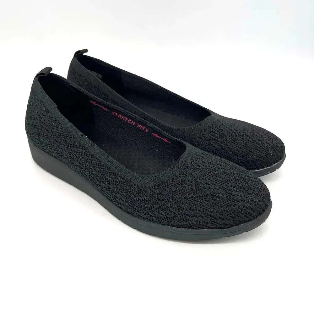 Skechers Cleo Stretch Fit Flex Wedge Ballet Flat Women 9 Black Knit Memory Foam
